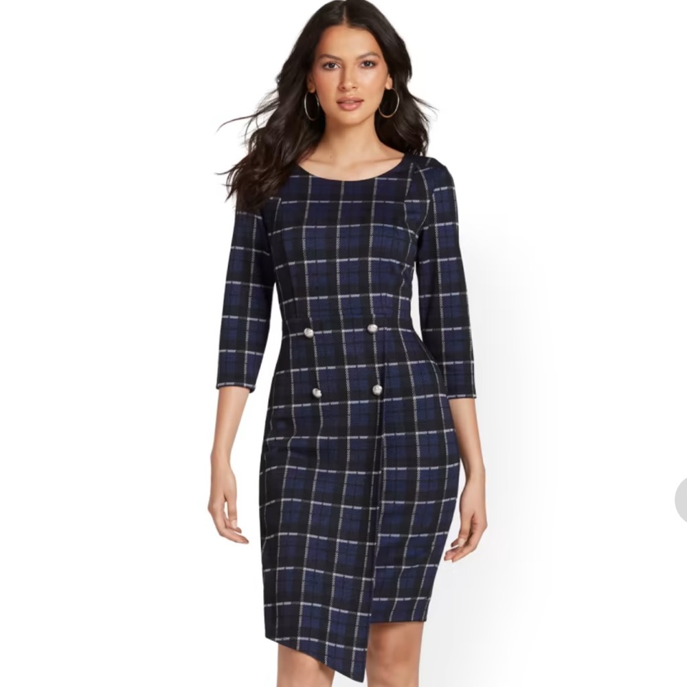 New York & Company Plaid Button-Detail Sheath Dress